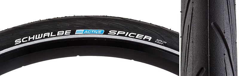 700x35 Reflective Spicer Active Lite K-Guard Bicycle Tire close-up showing detailed tread pattern and reflective sidewall stripes for enhanced visibility and puncture protection features.