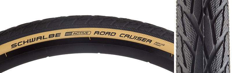 Close-up of the 700x35 Road Cruiser Active Twin K-Guard Bicycle Tire, showcasing its directional tread profile and yellow stripe, designed for puncture protection and low rolling resistance.