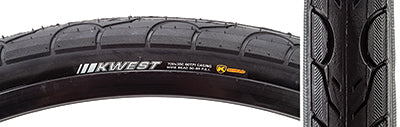 Close-up of the 700x35 Kwest SRC/KS/60 Bicycle Tire, highlighting its rounded tread with water dispersion grooves designed for speed, traction, and durability.