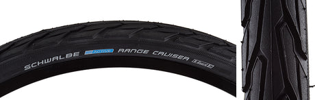 Close-up of a 700x35 Range Cruiser Active Twin K-Guard Bicycle Tire, showcasing its smooth center section, micro-knurled shoulders, and thick tread designed for puncture resistance and durability.