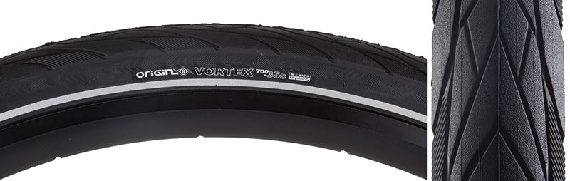 Close-up of a 700x35 Reflective Vortex Bicycle Tire, showcasing its smooth, fast-rolling tread with water evacuating grooves and raised, textured shoulder blocks for superior grip on wet roads.