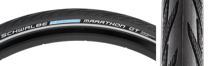 Close-up of the 700x35 Reflective Marathon GT Performance Twin DualGuard Bicycle Tire showcasing its smooth center section, micro-textured shoulder, and reflective sidewall striping.