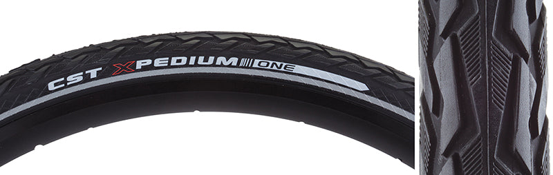 Close-up of the 700x35 Reflective Xpedium APL Bicycle Tire showcasing its hybrid tread and reflective sidewall striping, emphasizing the anti-puncture layer for durability and performance.