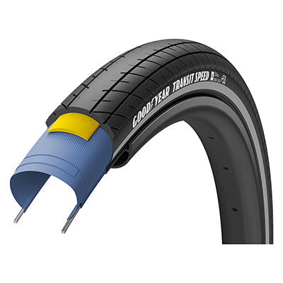 Close-up of the 700x35 Reflective Transit Speed S3 Bicycle Tire, highlighting its smooth tread with deep siping on the shoulders, reflective sidewall striping, and robust design for enhanced traction and puncture protection.