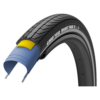 Close-up of the 700x35 Reflective Transit Tour S3 Bicycle Tire, showcasing its durable construction, directional siped tread, and reflective sidewall striping designed for all-weather traction and enhanced visibility.