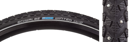 Close-up of the 700x35 Reflective Winter Active Twin K-Guard Bicycle Tire, showcasing its reduced spikes for traction, reflective sidewall striping, and durable K-Guard belting for puncture resistance.