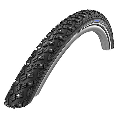 700x35 Reflective Marathon Winter Plus Performance Twin SmartGuard Bicycle Tire featuring studded treads and micro-siped knobs for enhanced ice traction.