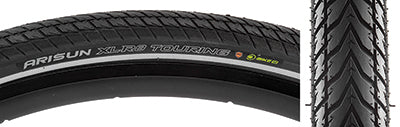 Close-up of the 700x35 Reflective XLR8 Touring Bicycle Tire showing V-shaped tread pattern for grip, smooth round profile, and reflective sidewall striping for visibility.