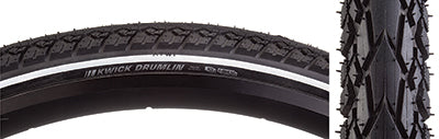 Close-up of 700x35 Reflective Kwick Drumlin Sport KS Bicycle Tire showcasing thick tread, square profile, deep siping, and burly shoulder lugs, optimized for pavement, gravel, and forest roads.