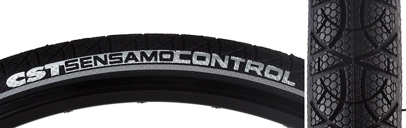 Close-up of the 700x35 Reflective Sensamo Control Bicycle Tire highlighting its textured tread surface and reflective sidewalls, designed for enhanced grip and visibility, featuring APL anti-puncture technology.