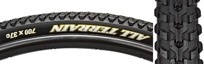 Close-up of the 700x37 All Terrain Comp Bicycle Tire, highlighting the tread pattern and robust casing designed for urban and hardpack surfaces.