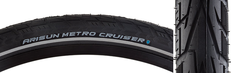 Close-up of the 700x38 Reflective Metro Cruiser Wire/30 Bicycle Tire showcasing smooth top tread with deep channels and wrap-around sidewall design, ideal for wet weather and improved cornering traction.