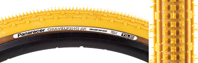 Close-up of the 700x38 Mustard/Brown Gravel King SK Bicycle Tire, showcasing its five rows of square knobs and double rows of ridges for smooth rolling and exceptional grip on rough or gravel roads.