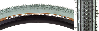 Close-up of the 700x38 Olive/Brown Gravel King SK Bicycle Tire, showcasing rows of square knobs between continuous ridges, designed for smooth rolling and excellent grip on rough or gravel roads.