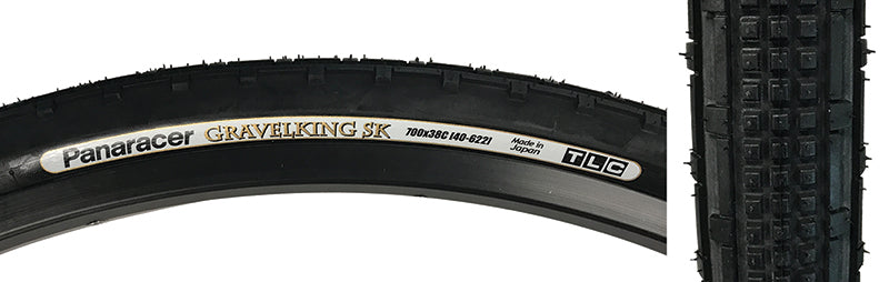 Close-up of the 700x38 Black/Black Gravel King SK Bicycle Tire, showcasing its five rows of square knobs and continuous ridges for smooth rolling and enhanced grip on rough or gravel roads.