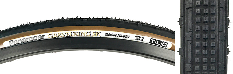 700x38 Black/Brown Gravel King SK Bicycle Tire close-up, showcasing square knobs between continuous ridges for smooth rolling and excellent grip, designed for rough, gravel roads, and single track exploration.