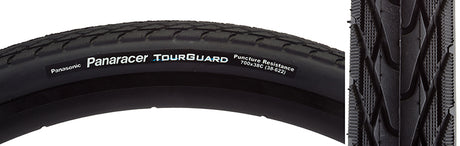 Close-up of the 700x38 Tourguard Bicycle Tire, highlighting its robust tread and aramid belting, designed for urban and touring use with excellent puncture protection and wet weather performance.