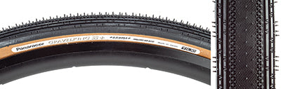 Close-up of a 700x38 Black/Brown Gravel King SS+ Bicycle Tire showcasing the fast-rolling file tread with micro knobs and long rectangular shoulder knobs for mixed gravel and road use.