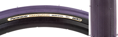 Close-up of the 700x38 Purple/Black Gravel King Slick Bicycle Tire, showcasing its minimal file tread and robust volume designed for superior grip on both gravel and tightly packed dirt roads.