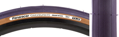 Close-up of the 700x38 Purple/Brown Gravel King Slick Bicycle Tire, showcasing its minimal file tread and robust volume, designed for superior grip on both road and gravel surfaces.