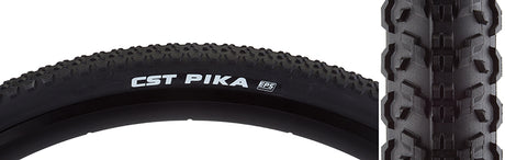 Close-up of the 700x38 Pika Wire Bicycle Tire showcasing its ramped center knobs and U-shaped shoulder tread, designed for smooth, fast rides and enhanced corner traction on gravel and dirt roads.