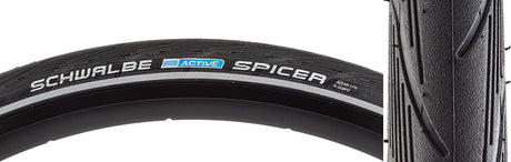 Close-up of 700x38 Reflective Spicer Active Lite K-Guard Bicycle Tire showing smooth center, shoulder siping, and reflective sidewall stripes, highlighting durable construction and puncture protection features.