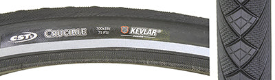 700x38 Reflective Crucible Bicycle Tire featuring close-up of tread pattern with text, showcasing Kevlar Inside puncture protection and reflective sidewall for enhanced night visibility.