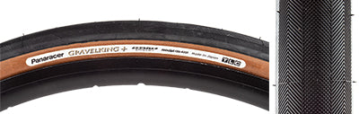 Close-up of the 700x38 Black/Brown Gravel King+ Slick Bicycle Tire featuring minimal tread for diverse terrains, highlighting its robust volume and natural rubber compound for superior grip.