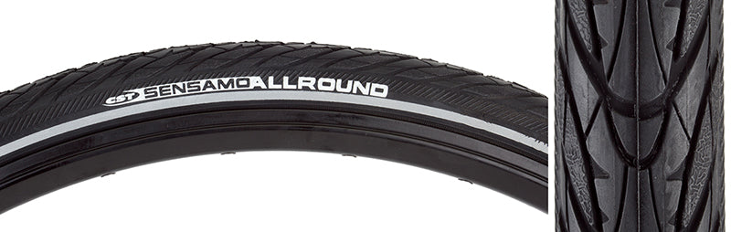 Close-up of the 700x38 Reflective Sensamo Allaround Bicycle Tire, showcasing its grooved-slick tread design, moderate extended side tread for sidewall protection, and reflective sidewall for enhanced night visibility.