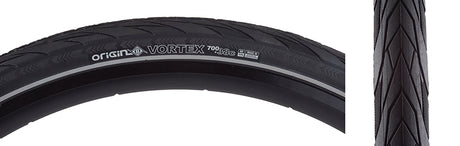 700x38 Reflective Vortex Bicycle Tire close-up, showcasing its smooth tread with raised, textured shoulder blocks and reflective sidewall striping, designed for superior grip and visibility in wet conditions.