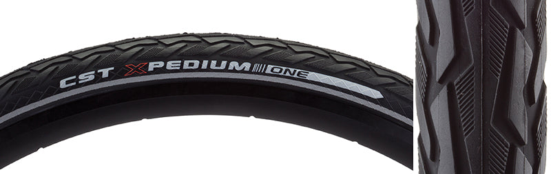 Close-up of the 700x38 Reflective Xpedium APL Bicycle Tire showcasing its hybrid tread and reflective sidewall striping, designed for extreme puncture resistance and improved low-light visibility.