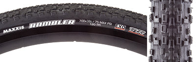 700x38 Rambler DC/EXO/TR Bicycle Tire close-up showcasing tread pattern with tightly packed center knobs and spaced corner knobs for gravel riding and light trail work.