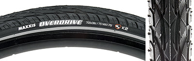 Close-up of the 700x38 Reflective Overdrive SC/K2 Bicycle Tire, highlighting reflective side stripe, detailed tread, and robust rubber construction designed for durability and puncture resistance in varied road conditions.