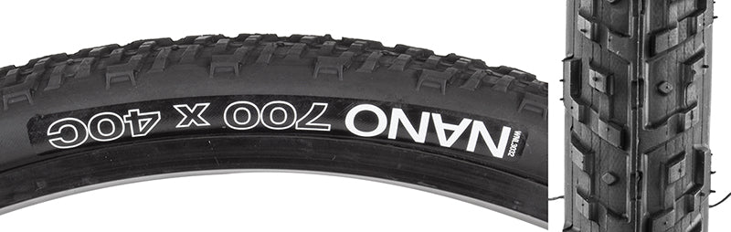 Close-up of the 700x40 Nano Comp Bicycle Tire showcasing its elevated centerline and microknob edges for traction on hard surfaces, ideal for long-distance rides.