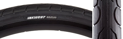 Close-up of the 700x40 Kwest Bicycle Tire showing its smooth rounded tread with large water dispersion grooves, highlighting the tire's design optimized for straight-line speed, traction, and cornering confidence.