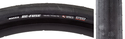 700x40 Re-Fuse DC/MS/TR Bicycle Tire close-up, showcasing its diamond knurled slick design and prominent white text, emphasizing durability and enhanced grip for training and long wear life.