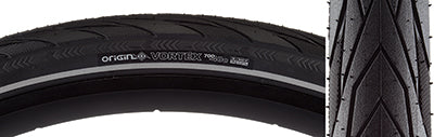 Close-up of the 700x40 Reflective Vortex Bicycle Tire, showcasing its smooth, fast-rolling tread, raised shoulder blocks, and reflective sidewall striping for visibility.