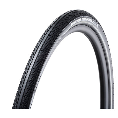 Close-up of the 700x40 Reflective Transit Tour S3 Bicycle Tire, showcasing its durable construction, directional siped tread, and reflective sidewall striping for enhanced visibility.