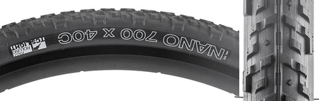 Close-up of the 700x40 Black/Black Nano TCS Light Fast Rolling Bicycle Tire showcasing micro knobs and centerline tread designed for optimal traction and efficiency on varied surfaces.