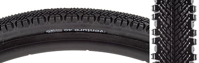 Close-up of a 700x40 Black/Black Venture TCS Bicycle Tire showcasing its supportive centerline tread, intermediate ridges, and outer knobs for enhanced traction and cornering on various terrains.