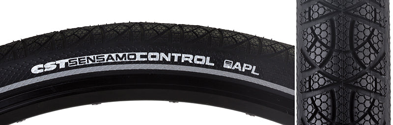 Close-up of the 700x40 Reflective Sensamo Control Bicycle Tire showing its textured tread surface and reflective sidewall, highlighting its APL anti-puncture technology for improved traction and safety.