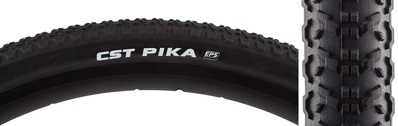 Close-up of the 700x42 Pika Bicycle Tire featuring ramped center knobs and U-shaped shoulder tread for optimal traction, designed for gravel adventures and dirt road cross trekking.