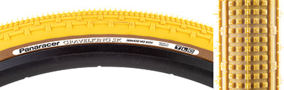 Close-up of the 700x43 Mustard/Brown Gravel King SK Bicycle Tire showcasing its square knobs and continuous ridges for smooth rolling and superior grip, ideal for rough or gravel roads.