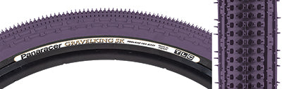 Close-up of a 700x43 Purple/Black Gravel King SK Bicycle Tire, showcasing its square knobs and continuous ridges designed for smooth rolling and excellent grip on rough or gravel roads.