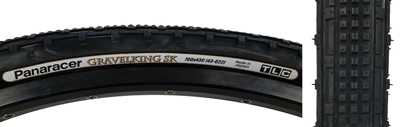 Close-up of the 700x43 Black/Black Gravel King SK Bicycle Tire with five rows of square knobs and double ridges, showcasing its smooth rolling tread designed for gravel and rough roads.