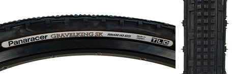 Close-up of the 700x43 Black/Black Gravel King SK Bicycle Tire with five rows of square knobs and double ridges, showcasing its smooth rolling tread designed for gravel and rough roads.