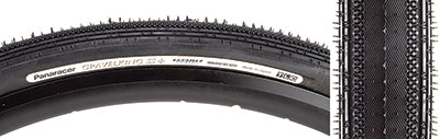 Close-up of the 700x43 Black/Black Gravel King SS+ Bicycle Tire showcasing its fast-rolling tread with micro knobs and rectangular shoulder knobs, ideal for mixed gravel and road use.