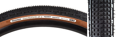 Close-up of the 700x43 Black/Brown Gravel King SK+ Bicycle Tire, showcasing its tread pattern with five rows of square knobs and continuous ridges, designed for smooth rolling and superior grip on rough or gravel roads.