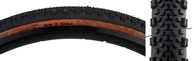 700x44 Black/Tan Raddler TCS Light Fast Rolling Bicycle Tire with pronounced tread, designed for dirt, gravel, or loose terrain. Close-up highlights taller center knobs and toothy outer lugs for enhanced durability and traction.