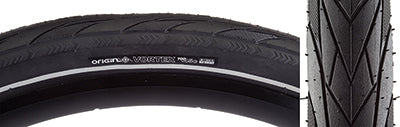 Close-up of the 700x45 Reflective Vortex Bicycle Tire showcasing its tread pattern with water-evacuating grooves, raised shoulder blocks, and reflective sidewall striping for visibility.